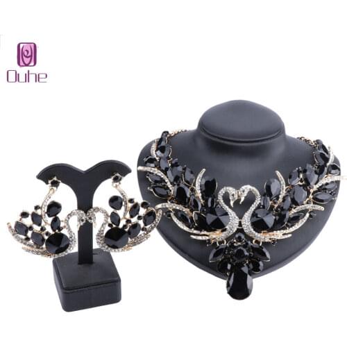 Luxury Gold Color Crystal Glass New Collier Femme Double Swan Statement Necklace Earring For Women Party Wedding Jewelry Sets