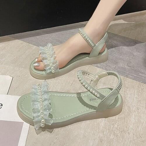 Pearl Sandals Fairy Wind 2021 New Student Anti-slip Comfortable Soft Bottom Light Beach Roman Flat Shoes