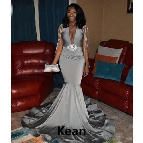 Gray Deep-V Evening Dress Mermaid Beads Special Occasion Party Dress Islamic Dubai Kaftan Saudi Arabic Evening Gown Prom Dress