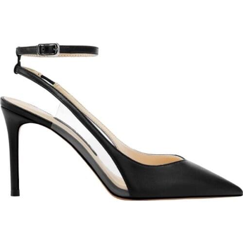 Black Burgundy Pink Red Nude White Slingback Ankle Buckle Shallow Pumps Woman French Style Pointed Toe PVC Patchwork Dress Shoes