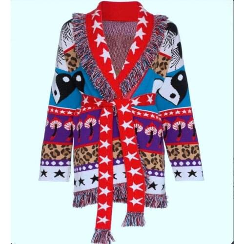 2021 Spring womens hight quality stars jacquard cashmere cardigans europe style fagion women belt tassels kniited coat C839