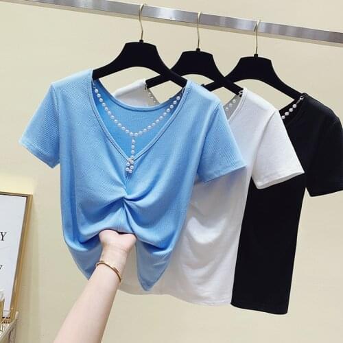 Gkfnmt Summer Short Sleeve T shirt Women Tops Sexy Low-cut V-Neck Beading Tshirt Cotton Korean T-shirt Tee Shirt Femme 2021