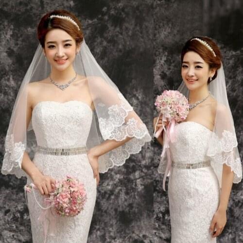 85LB 150cm Women Bridal Short Wedding Veil White One Layer Lace Flower Edge Appliques