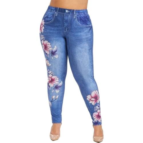 6XL Plus Size Women Floral Print Long Pant Imitation Denim Pants Ladies Zipper Tights Pant Female spodnie damskie Streetwear D30