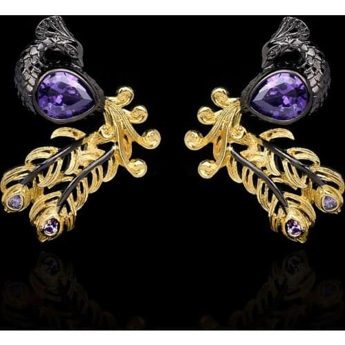 925 Silver Womens Earrings Shiny Purple Zircon Earrings Peacock Feather Shape Earrings Fashion Black Gold Hollow Earrings