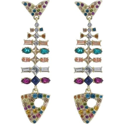 New Full Crystal Rhinestone Fish Bone Drop Earrings for Women Female pendientes Statement Earring Cocktail Party Jewelry Gift