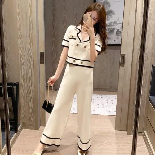 Elegant Women Summer Cardigan Wide Leg Pants 2 PIece Set Knit Lapel Short Sleeve Double-breasted Sweaters Calf-length Pant Sets