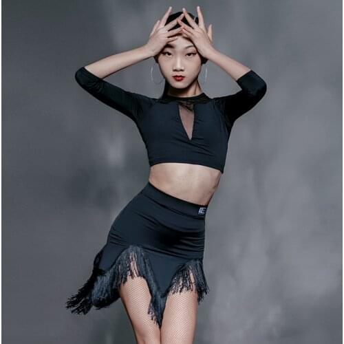 2021 New Latin Dance Clothes Black Long Sleeved Tassel Skirts Suit Chacha Samba Tango Latin Performance Dance Costumes DN8639