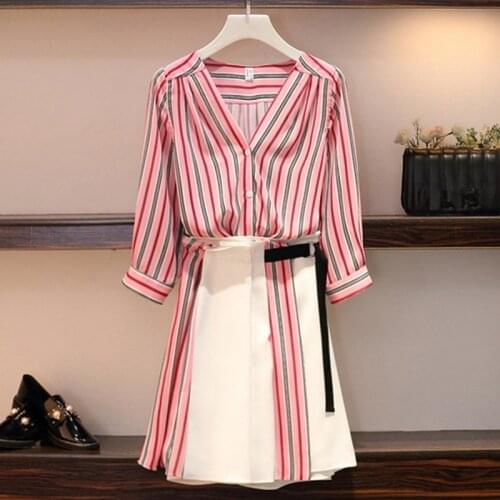 2020 Summer Chiffon 2 Piece Set Womens Striped V-neck Single Breasted Shirt+High Waist Lace-up Mini Skirt Sets Plus Size Suits