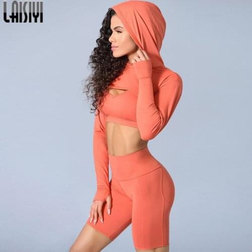 Womens Tracksuit 3-piece Set Sports Suit 2021 New Long-sleeved Hooded Casual Gym Sportswear Fitness Bra Womens Shorts Set