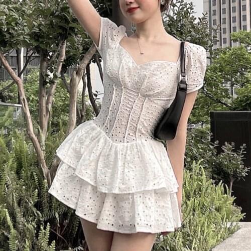 Women White Patchwork Ruffles Lace Hollow Out Dress New Square Neck Short Puff Sleeve Slim Fit Fashion Tide Summer 2021 Vestidos