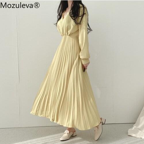 Mozuleva Women Korean Chic Solid Pleated Long Dress 2021 Autumn Stylish V Neck High Silm Waist Dress Color Party Vestidos femme