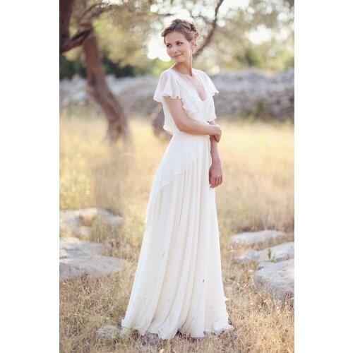 #10138 Sweep Train V Neck Cap Sleeve Bohemian Backless Lace Chiffon A-Line Bridal Gown Simple plus size Wedding Dress