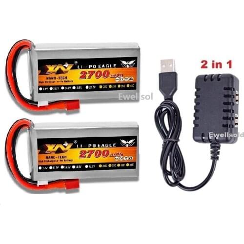YUKALA 1-3pcs 7.4V 2700mAh RC Lipo Upgrade Battery 40C Max 60C with charger for Wltoys 12428 12423 RC Car FY07 03 Q39 parts