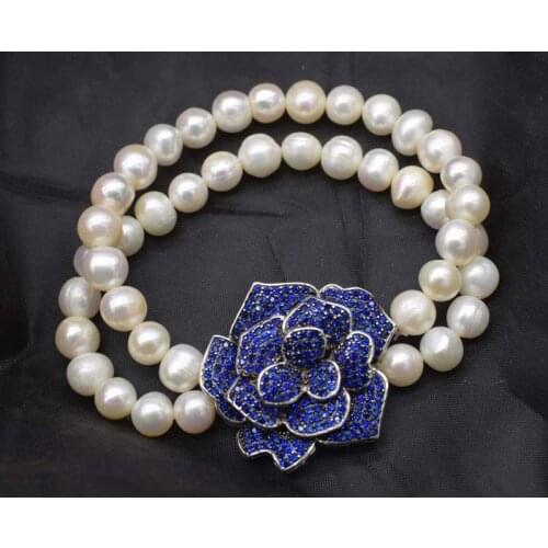 2rows freshwater pearl white near round 8-9mm &blue flower zircon clasp bracelet 8inch wholesale beads nature handcraft