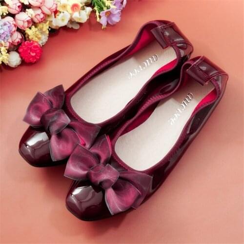 AUCVEE Brands Genuine Patent Leather Slip On Ballet Flats Shoes For Women Sweet Bow Flats Shoes Women New Fashion Zapatos Mujer