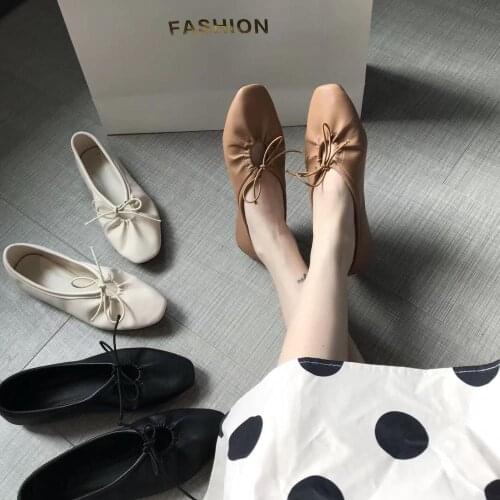 Soft Bottom ballet ballerina flats shoes woman microfiber bowtied lace-up moccasins girls cozy square toe single shoes mujer2020