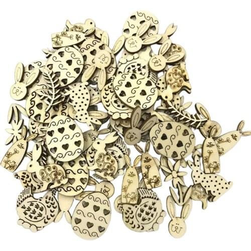100pcs Easter Wooden Slices Rabbit Shape Wooden Pieces Hollow Out Wooden Chip Egg Decoration Wood Cutouts Kids Craft Ornament