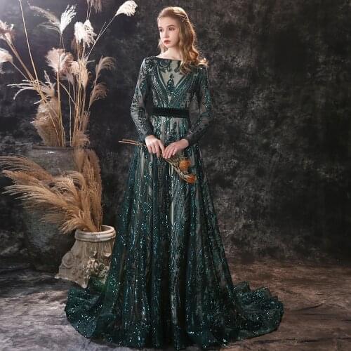 Long Evening Dresses 2021 Elegant Muslim Mermaid Long Sleeve Sequined Hunter Green Prom Party Formal Gown