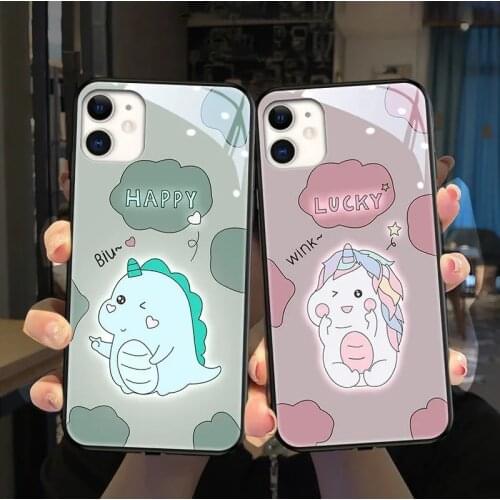 For iPhone 12 mini 11 Pro Max 8 7 Plus SE LED Flash Call Light Luminous Phone Case X XS MAX XR cute unicorn tempered glass cover