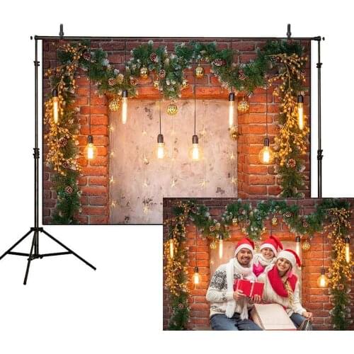 Christmas Glitter Brick Wall Backdrop Living Room Fireplace Lights Pine Leaves Wreath Photography Background Family Party Decor