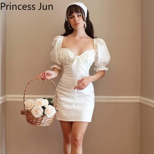 French Retro Puff Sleeve Black White Mini Dress Sexy Square Collar Bodycon Super Hot Slim Sexy Dress Summer Holiday Party Dress