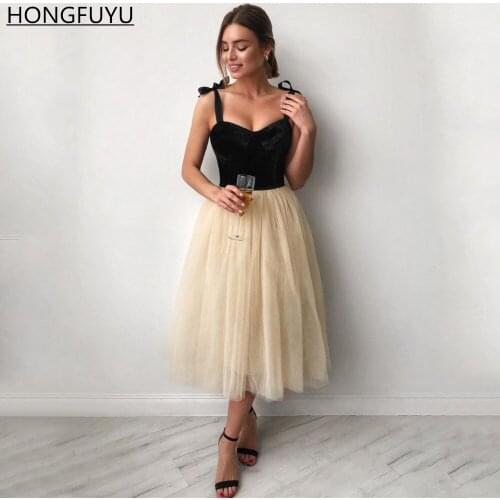 HONGFUYU Tulle Spaghetti Straps Prom Dresses Short A Line Velvet Top Sexy Girls Cocktail Dress Tea Length Homecoming Party Gowns