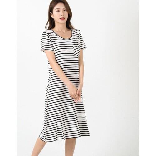 Fashion Striped Sleepwear Women Summer Nightgowns Short Sleeve Loose Nightdress Casual Night Shirt Female Outside Wear Dress