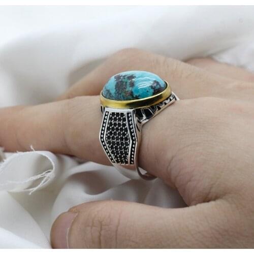 Natural Turquoise Ring for Men 925 Sterling Silver Big Blue Stone Vintage Ring with Black CZ for Men Islamic Middle East Jewelry