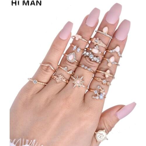 19pcs / lot Bohemia New Design Water Drop Six-pointed Star Inlaid Crystal Joint Ring Set Women Fashion Charm Jewelry Ring