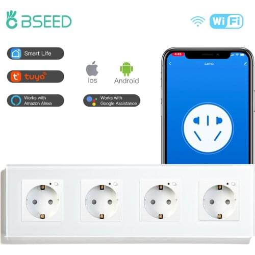 BSEED Wifi EU Standard Wall Socket 4 Gang Socket 16A 110V-250V White Black Gloden Crystal Glass Panel Support For Smart Life App