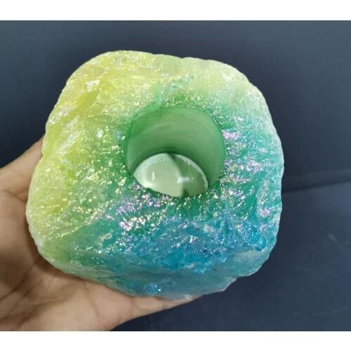 Natural Rough quartz crystal candle holder colorful Aura Titanium Coated Quartz crystal candlestick