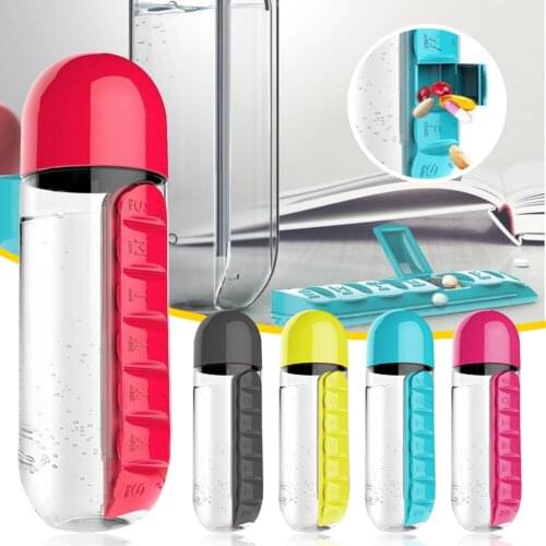 2 In 1 600ML Portable Water Bottle Pill Organizer Leakproof Home Travel Outdoor Weekly 7 Independent Pill Cells With Flip Lid