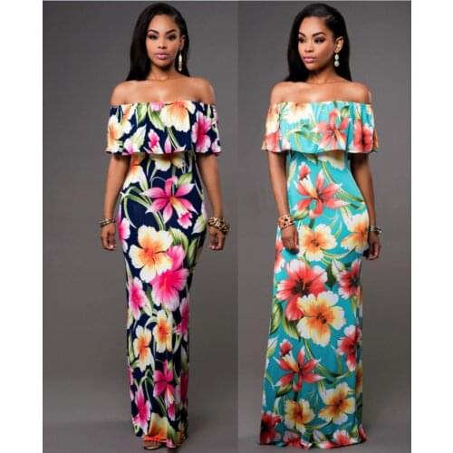 Plus Size Off Shoulder Sexy Evening Long Style Tunic Party Dresses Vintage Print Sexy Backless Slash Neck Flower Maxi Robe Femme