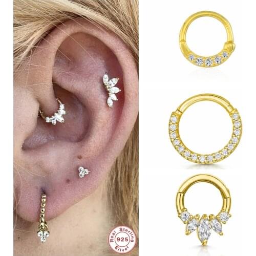 Genuine 925 Sterling Silver Bling Zircon Cartilage Stud Earrings For Woman Girl Piercing Pendientes Ear Bone Buckle Fine Jewerly