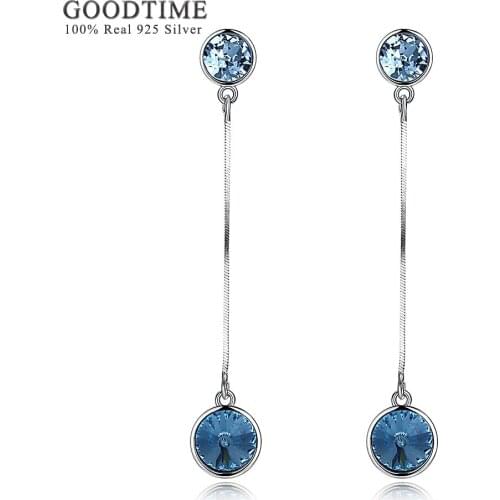 Genuine 925 Sterling Silver Earrings Round Blue Crystal Long Pendant Drop Earrings For Women S925 Silver Dangle Earrings Jewelry