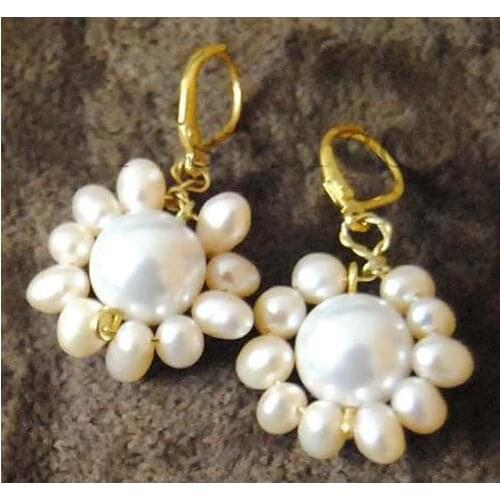 New Pearl Earrings Natural Drip Cultured Pearls Real Round Shell Jewelry Sunflower Gold Tone Lever Back Birthday Girl Women Gift