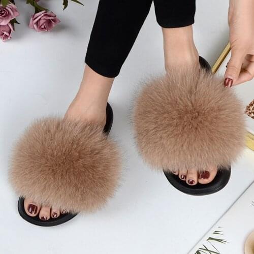 Women Summer Casual Fur Slippers Flat Non-slip Solid Real Fox hair Slides Large Size Slippers