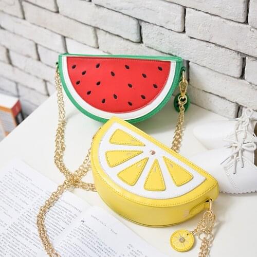 Summer PU Leather Women Messenger Bag Zipper Hard Cute Fruit Watermelon Lemon Fashion Female Chain Shoulder Bags Purse Packet