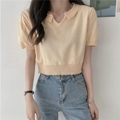 Vetement Femme 2021 New Summer v-Neck Slim Short Sleeve Korean Fashion Pullover Basic Thin Sweater Casual Tops Women Clothing