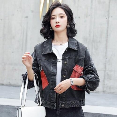 Clothes Women Cropped jacket Denim Stitching Snake Pattern Pockets Tops 2020 New Autumn Korean-Style Loose Oversized jacket 95H