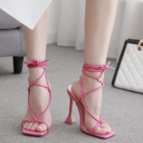 2021 Woman Summer Sandals High Heels Thin Heels Back Strap Sandals Womens Lace Up Ladies Shoes De Mujer Verano party shoes