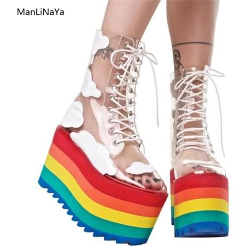 Print Clouds Transparent PVC Party Sandal Boots Brand Design Rainbow Plarform Shoes Woman Cross-tied Wedges Female Summer Boots