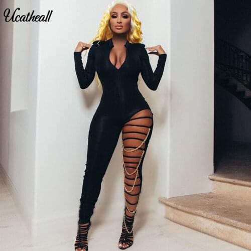 Sexy Leg Chain Jumpsuit Female Outfits Bodycon Club Party Overalls Deep V Long Sleeve Femme Rompers Hollow Out Womens Jumpsuit