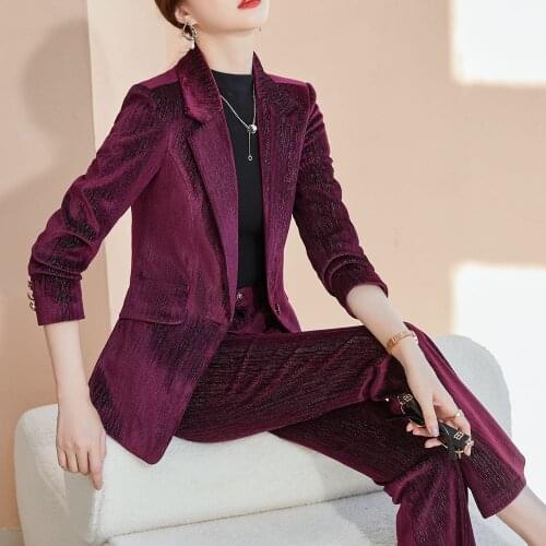 Jacket and Pants Set 2 pieces womens suit coat and trousers womens blue velvet autumn winter office work suit