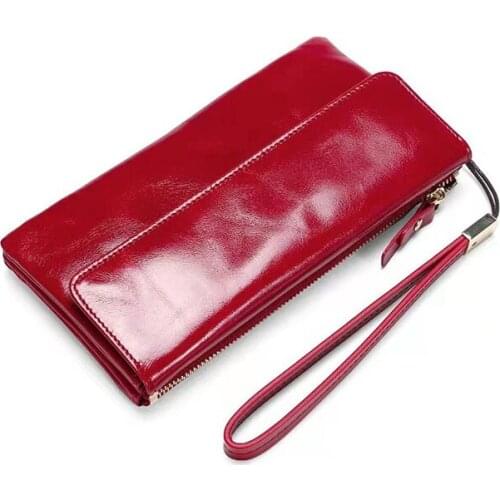 Wax leather women fashion long purse solid wrist zipper coin purse