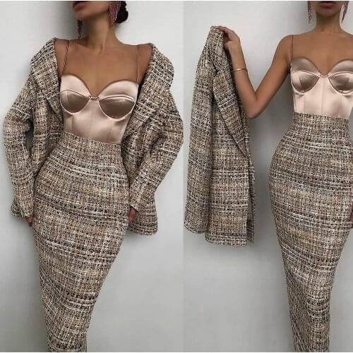 Fashion Elegant Styel Suits Sexy Vintage Check Dresses and Blazer Streetwear Office Lady Daily Casual Wear Coat 2 Pieces