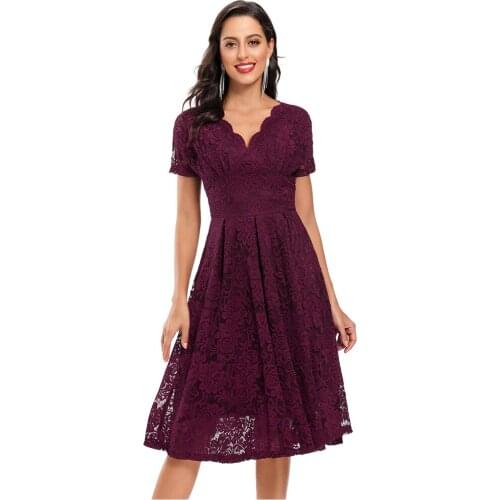 New 2021 Summer Women Lace Short Sleeve Dress Formal Wedding Party Evening Knee Length A-Line Dresses Sexy V Neck Short Vestidos