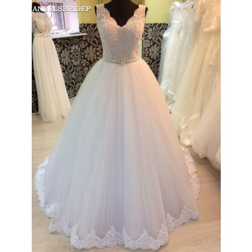 ANGELSBRIDEP V-Neck Wedding Dresses Dubai African Applique Floor-Length Robe de mariee Formal Bride Dresses Online Hot