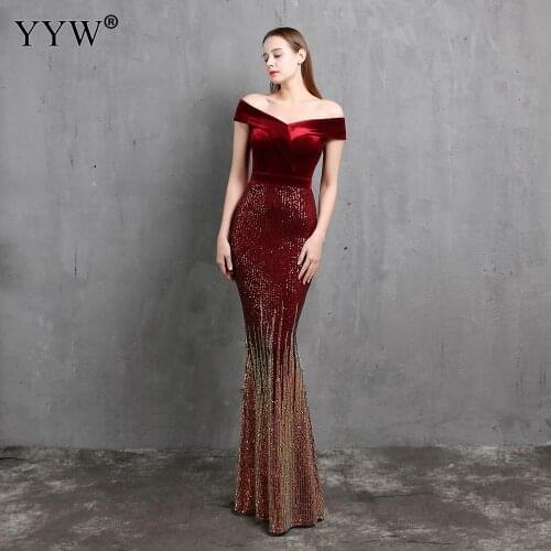 2021 Elegant Women Off Shoulder Sexy Sequin Long Evening Dress Female Mermaid Party Long Dresses Femme Vestidos XXL